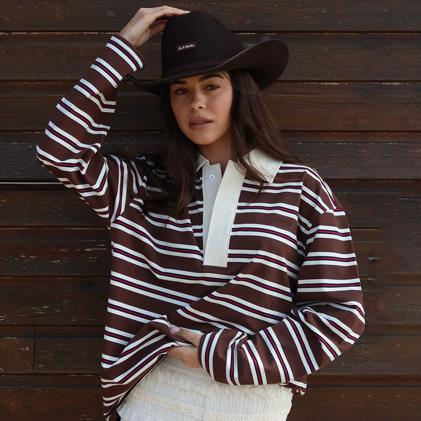 Haut Femme Automne à Rayures – Col Polo et Manches Longues