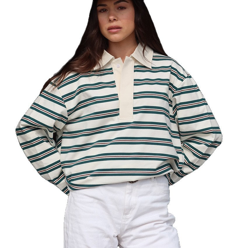 Haut Femme Automne à Rayures – Col Polo et Manches Longues