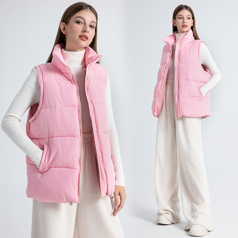 Gilet sans manches femme mi-long à col montant, rembourré en coton épais façon doudoune