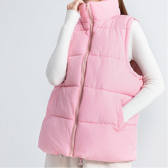Gilet sans manches femme mi-long à col montant, rembourré en coton épais façon doudoune
