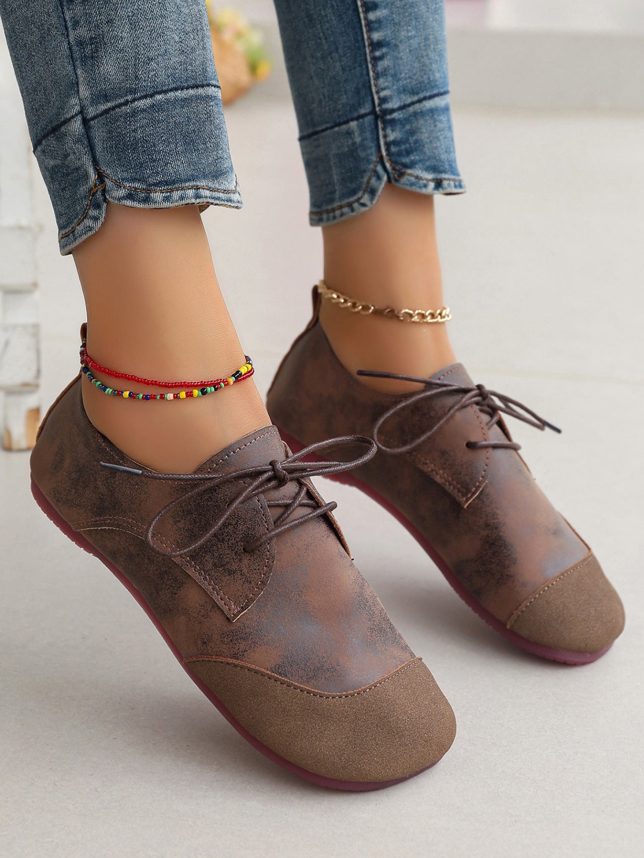Flat Retro Soft Leather Western Style Slip-on Loafers Small Leather Shoes.