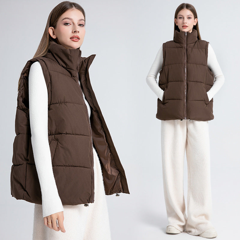 Gilet sans manches femme mi-long à col montant, rembourré en coton épais façon doudoune