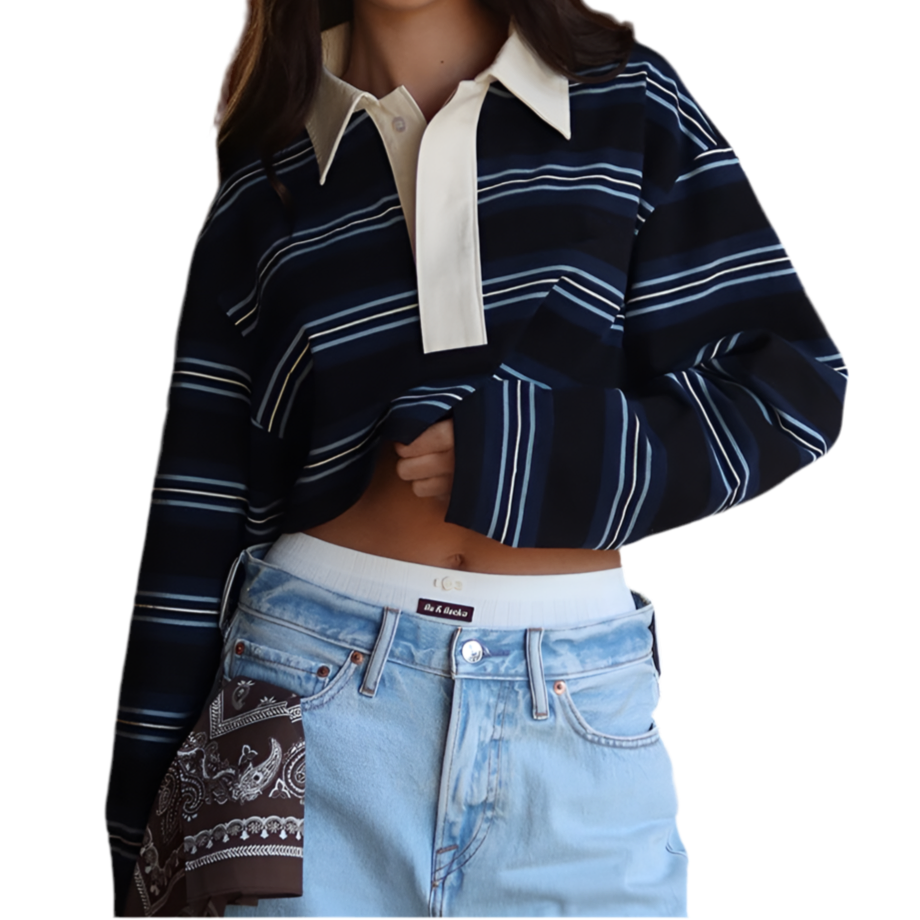Haut Femme Automne à Rayures – Col Polo et Manches Longues