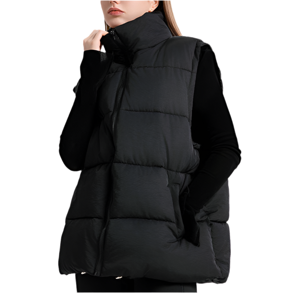 Gilet sans manches femme mi-long à col montant, rembourré en coton épais façon doudoune