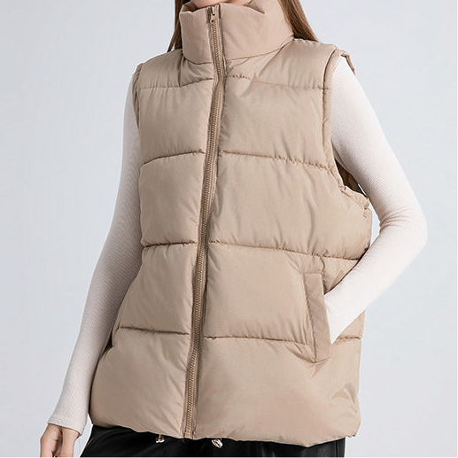 Gilet sans manches femme mi-long à col montant, rembourré en coton épais façon doudoune