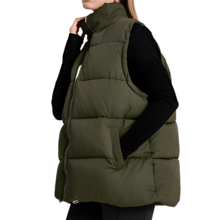 Gilet sans manches femme mi-long à col montant, rembourré en coton épais façon doudoune