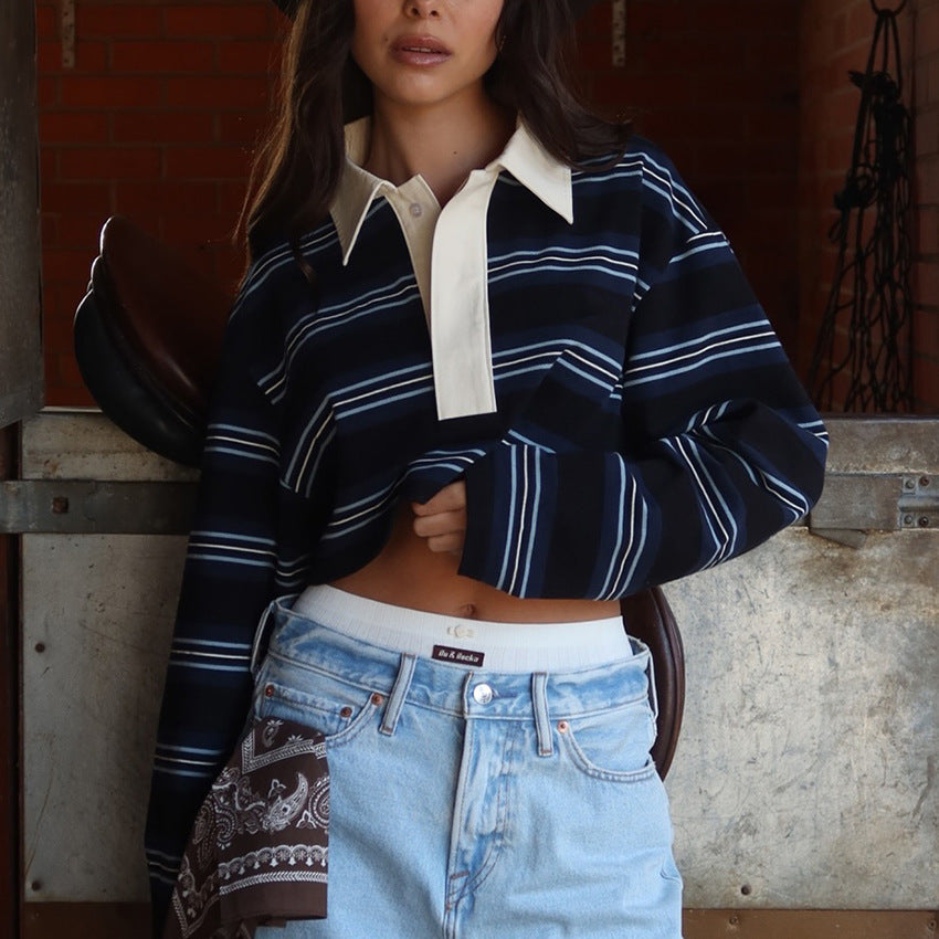 Haut Femme Automne à Rayures – Col Polo et Manches Longues
