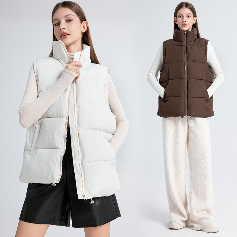 Gilet sans manches femme mi-long à col montant, rembourré en coton épais façon doudoune