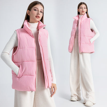 Gilet sans manches femme mi-long à col montant, rembourré en coton épais façon doudoune