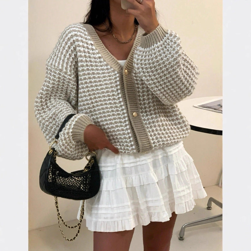 Snow Pattern Single-breasted Loose Sweet Cardigan.