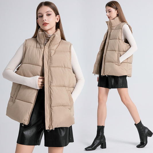 Gilet sans manches femme mi-long à col montant, rembourré en coton épais façon doudoune