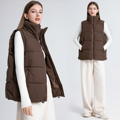 Gilet sans manches femme mi-long à col montant, rembourré en coton épais façon doudoune