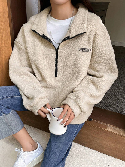 Patched Detail Drop Shoulder Half Zip Fleece Sweatshirt Long Sleeve Tops