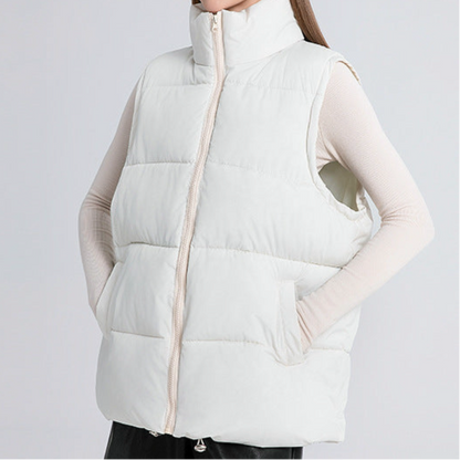 Gilet sans manches femme mi-long à col montant, rembourré en coton épais façon doudoune