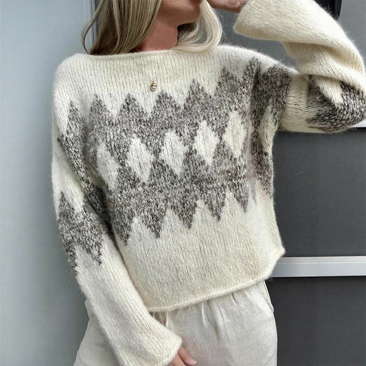 Women's Casual Simple Round Neck Jacquard Knitted Top.