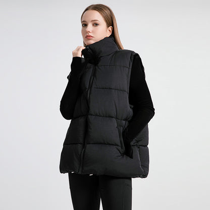 Gilet sans manches femme mi-long à col montant, rembourré en coton épais façon doudoune